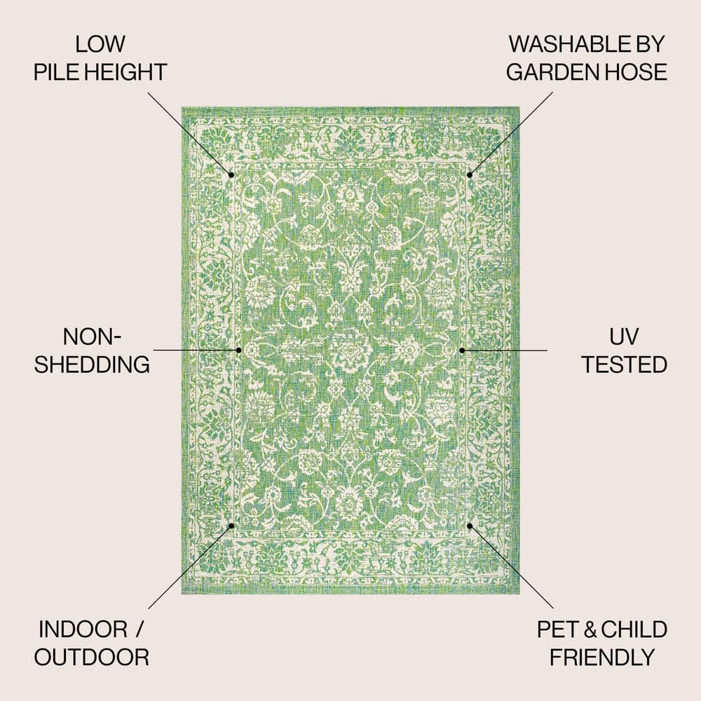 9' x 12' Green and Cream Floral Synthetic Rectangular Area Rug