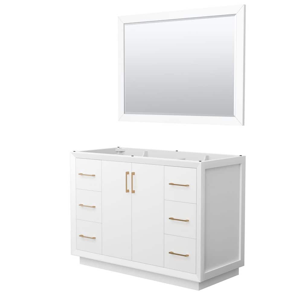 Wyndham Collection Strada 47.25 in. W x 21.75 in. D x 34.25 in. H Single Bath Vanity Cabinet without Top in White with 46 in. Mirror, White with Satin Bronze Trim -  WCF414148SWZCXSXXM46