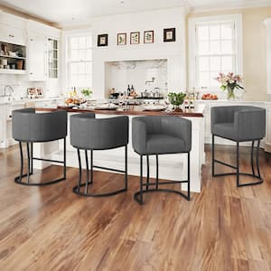 Siska 26 in.Modern Gray Faux Leather Upholstered Counter Stool with Black Metal Frame Barrel Bar Stool Set of 4