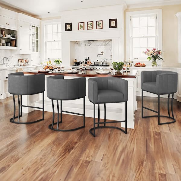 LUE BONA Siska 26 in.Modern Gray Faux Leather Upholstered Counter Stool with Black Metal Frame Barrel Bar Stool Set of 4