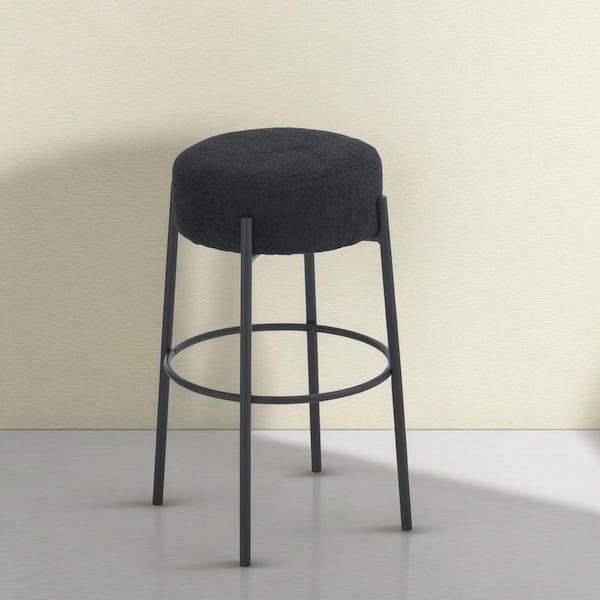 30 in. H Black Backless Metal Round Upholstered Bar Stools, Teddy Fabric, Set of 2