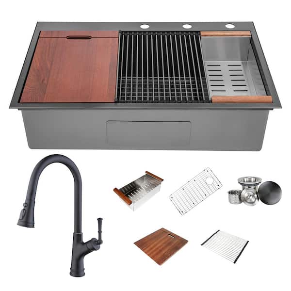 eModernDecor 16-Gauge Stainless Steel 36 in. Single Bowl Drop-In Workstation Kitchen Sink Combo with Faucet (Matte Black Finish)