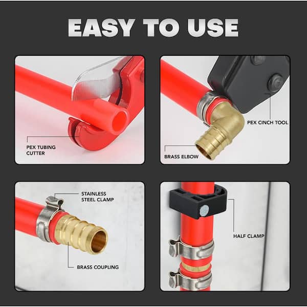 PEX Plumbing Kit - Crimper, Cutter Tool with Lock Hook, 1/2 in. Elbow Cinch and Half Clamp PEX Plumbing Kit - Crimper, Cutter Tool with Lock Hook, 1/2 in. Elbow Cinch and Half Clamp