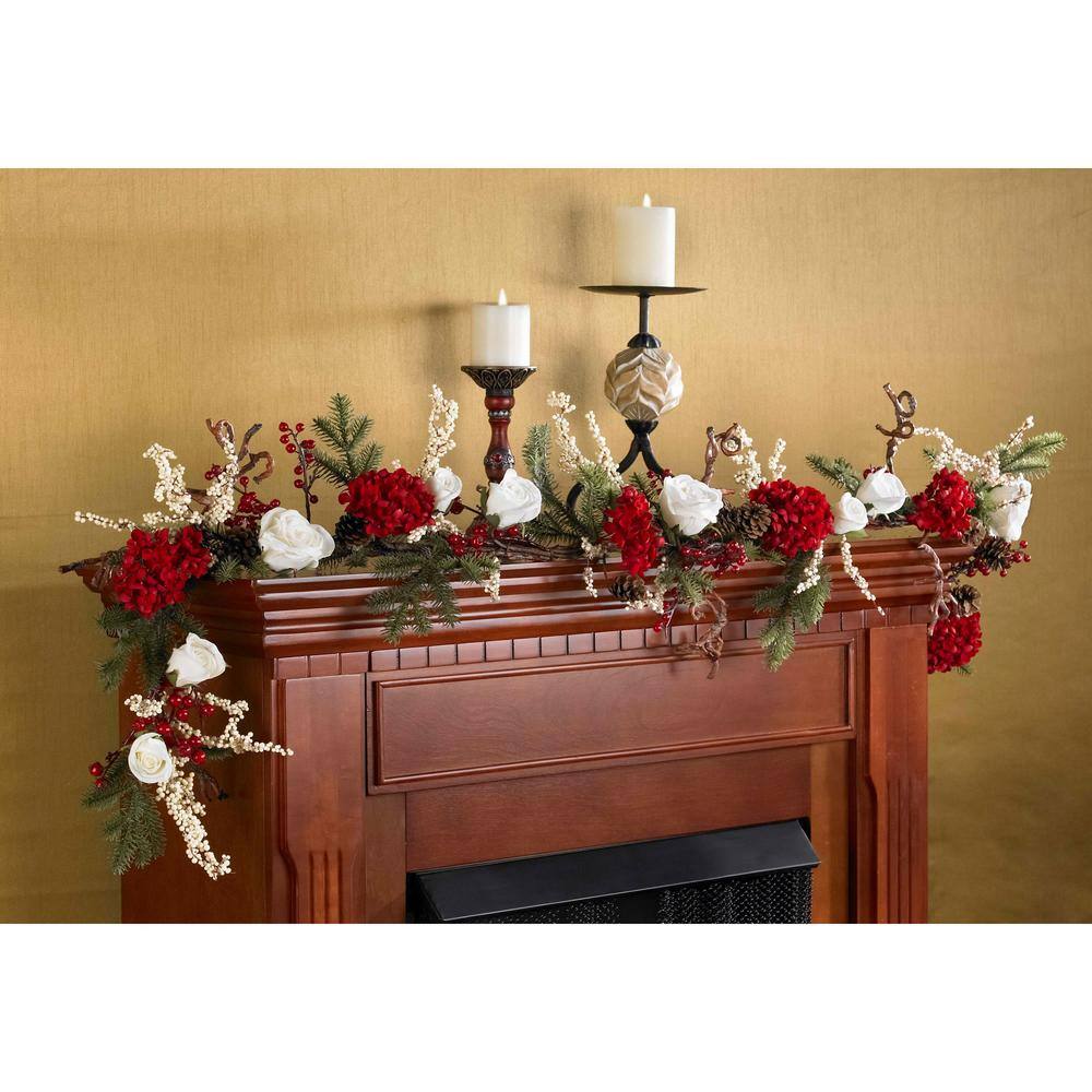 72-Inch Red and White Hydrangea Garland with Pinecones