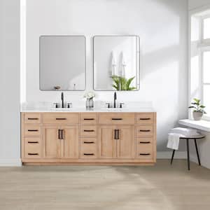 Gavino 84 in.W x 22 in.D x 34 in.H Bath Vanity in Light Brown with Grain White Composite Stone Top and Mirror