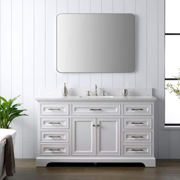 SUDIO Thompson 60 in. W x 22 in. D Bath Vanity in White with Engineered Stone Vanity Top in Carrara White with White Sink