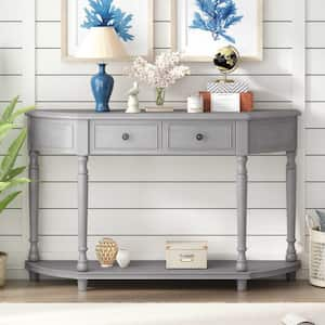 Retro 52.00 in. Gray Wash Rectangle Wood Console Table with Open Style Shelf Solid Wooden Frame and Legs 2-Top Drawers