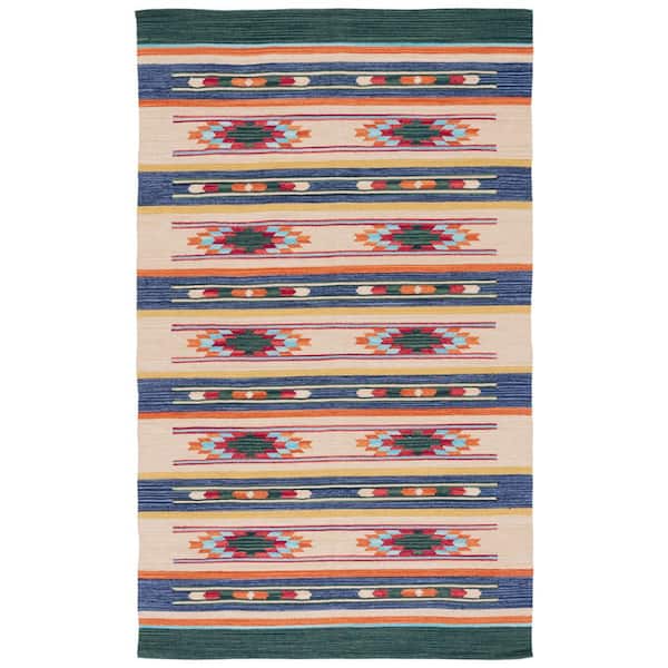 SAFAVIEH Cotton Kilim Blue/Ivory 5 ft. x 8 ft. Striped Native American Geometric Area Rug