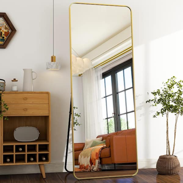 XRAMFY Gold 21 in. W x 64 in. H Modern Rectangular Aluminum Alloy Framed Rounded Full Length Mirror Standing Floor Mirror