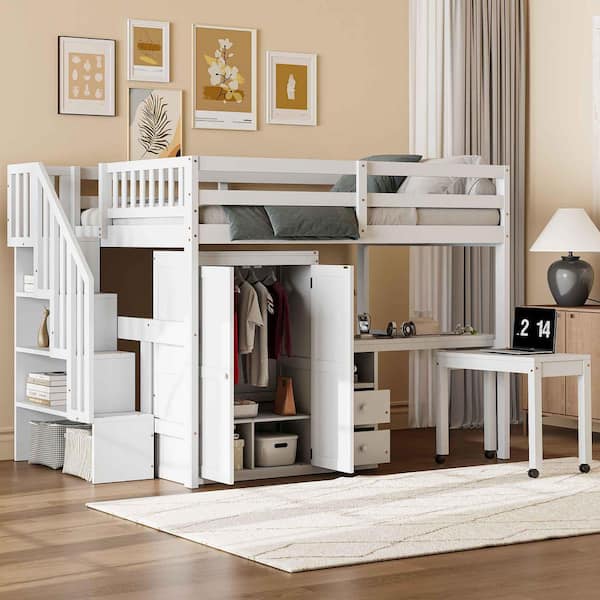 White Full Size Wood Loft Bed with Stairs, Bookshelf, Drawers, Desk and Wardrobe