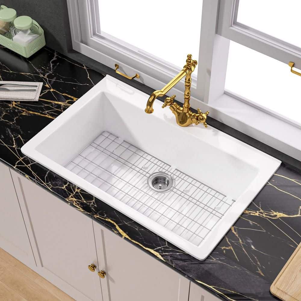 White Kitchen Sink 33 Drop-in Top Mount Fireclay Farmhouse Kitchen Sink 