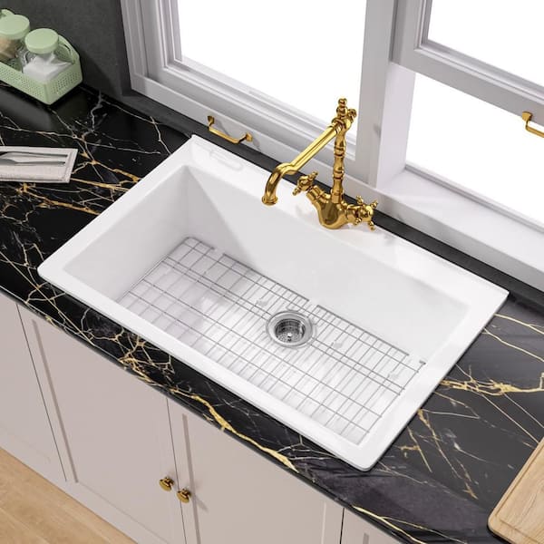 WetBase White Kitchen Sink 33" Drop-in Top Mount Fireclay Farmhouse Kitchen Sink Single Bowl with 1 Faucet Hole Grid and Drain