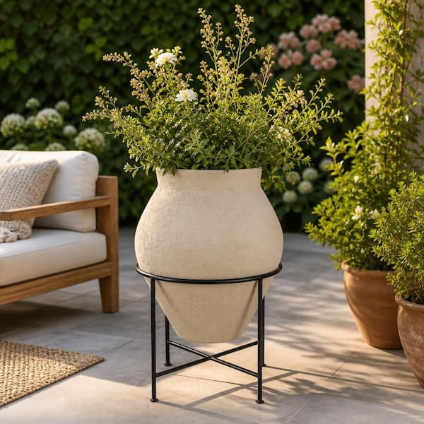 Ivory Ceramic Round Planter Pot (18 in. W x 27 in. H) with Metal Stand