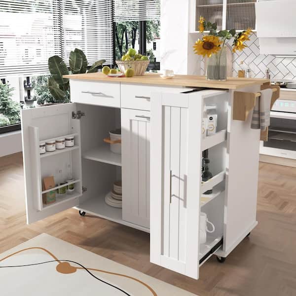 White with Rubber Wood Top Kitchen Cart with Drawers, Drop Leaf, Locking Casters, Shelf, Wheels