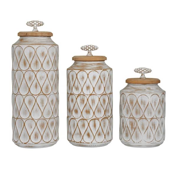 Litton Lane Brown Metal Decorative Jars with Wood Lids (Set of 3
