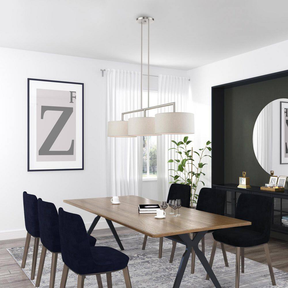 Meridian Brushed Nickel 3-Light Linear Chandelier with Oatmeal Shades