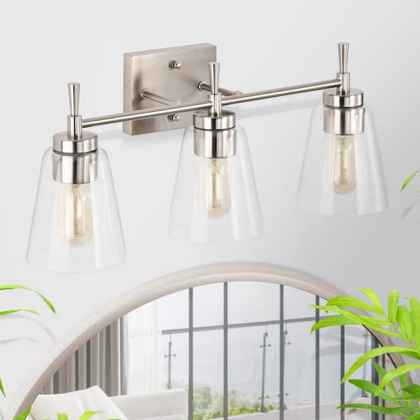 Edvivi Briarwood 21 in. 3-Lights Brushed Nickel Vanity Light with Clear Glass Cone Shades