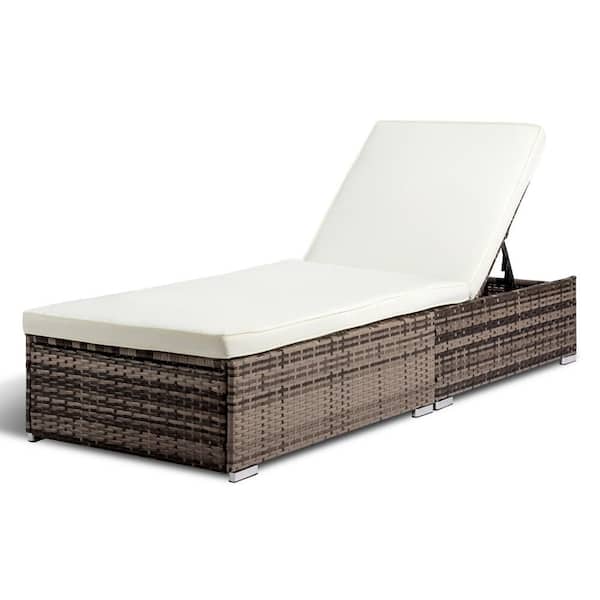 Gray Back Adjustable Rattan Outdoor Lounge Chair Chaise Recliner with White Cushions