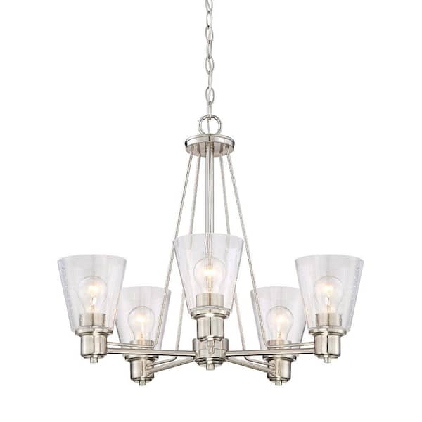 Designers Fountain Printers Row 5-Light Satin Platinum Chandelier with Clear Seedy Glass Shades For Dining Rooms