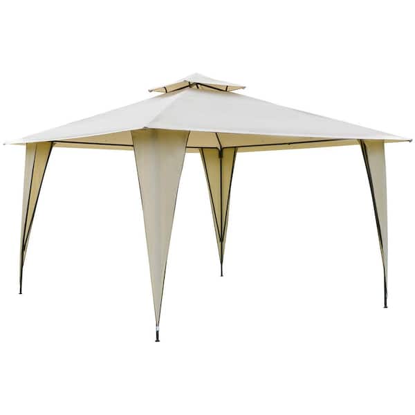 Unbranded 11 ft. x 11 ft. Beige Outdoor Canopy Tent Party Gazebo with Double-Tier Roof, Steel Frame, Included Ground Stakes