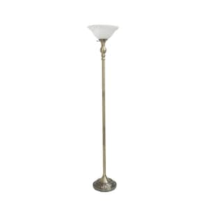 71 in. 1-Light Antique Brass Torchiere Floor Lamp with Marbleized White Glass Shade