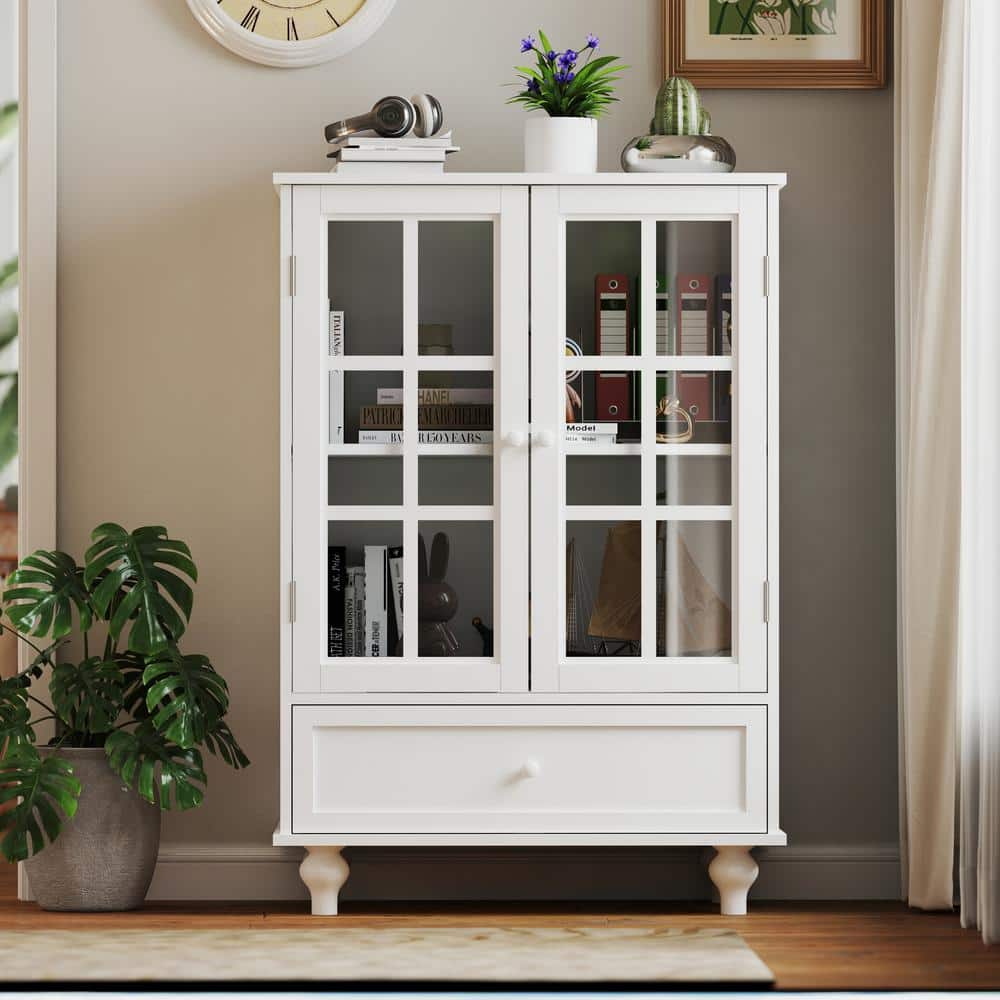 Minimalist White Buffet Cabinet with Double Glass Doors and Drawer, Modern Wooden Storage Sideboard Cupboard price history on PriceWatchPro