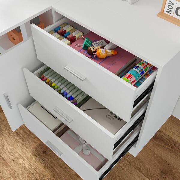 FUFU&GAGA 68.5 in. W L-Shaped White Wood 3-Drawer Electric