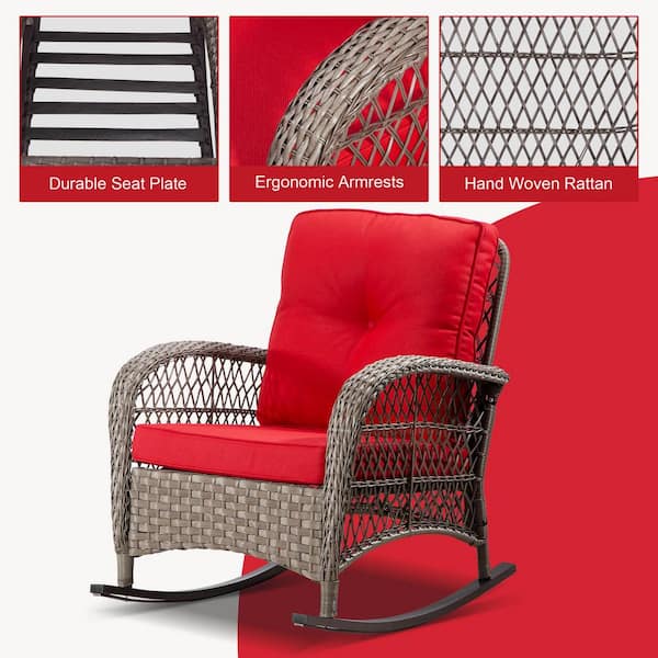 Wicker Patio Outdoor Rocking Chair with Red Cushions
