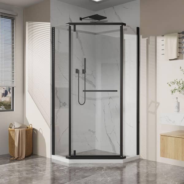 36 in. W x 72 in. H Neo Angle Pivot Semi Frameless Corner Shower Enclosure in Matte Black with Clear SGCC Tempered Glass
