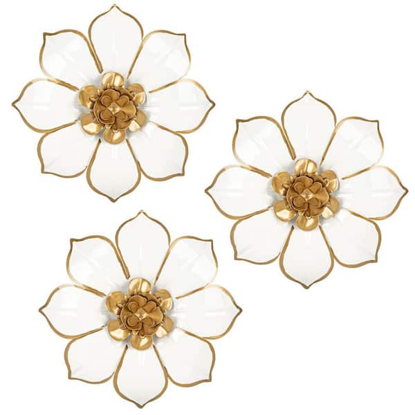 3 Pack 10 in. x 10 in. White and Gold Metal Flowers Wall Decor Wall Art Decorations Hanging Metal Work