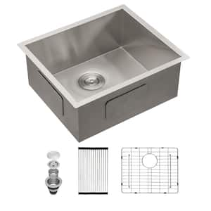 23 in. Undermount Single Bowl 18 Gauge Brushed Nickel Stainless Steel Zero Radius Corner Kitchen Sink with Bottom Grid