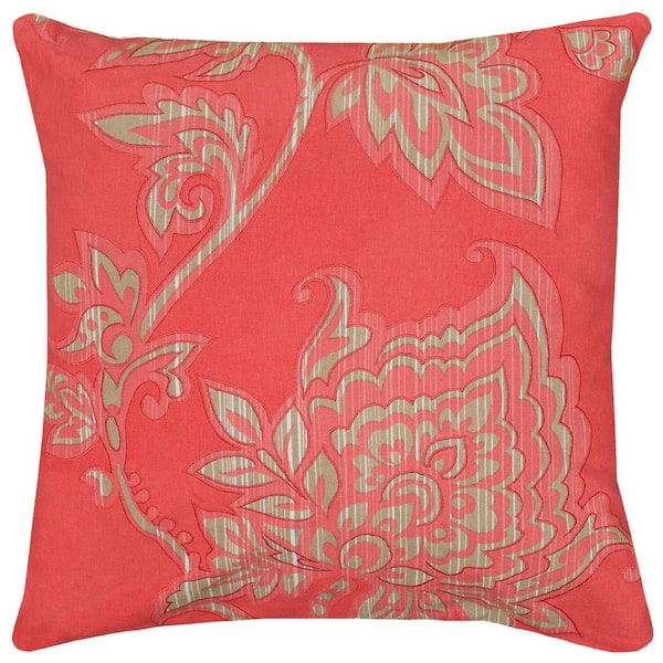 Unbranded Coral/Tan Floral Cotton Poly Filled 18 in. X 18 in. Decorative Throw Pillow
