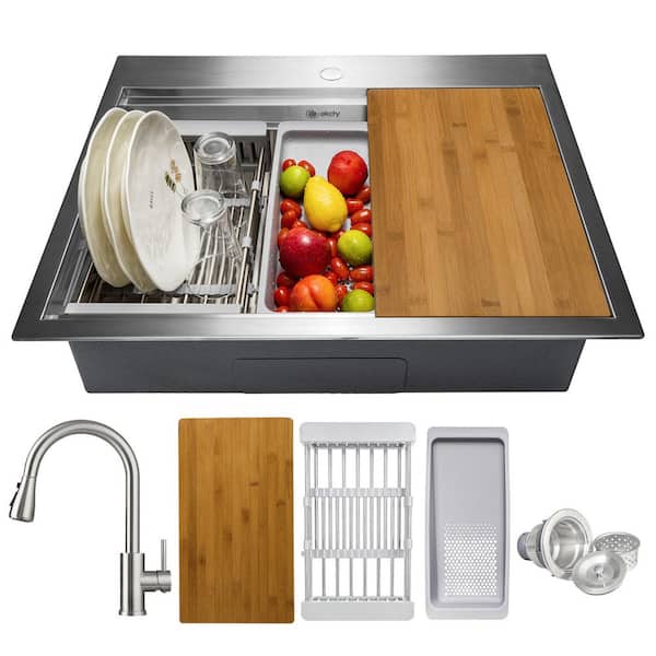 All-in-One 25 in. x 22 in. Drop-in Stainless Steel Single Bowl Workstation Kitchen Sink with Pull-Down Faucet