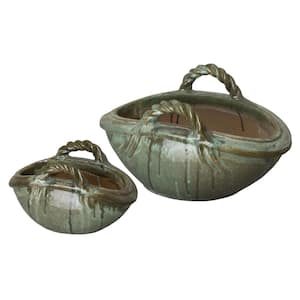 Green Kelp Ceramic Oval Basket Planters (Set of 2)