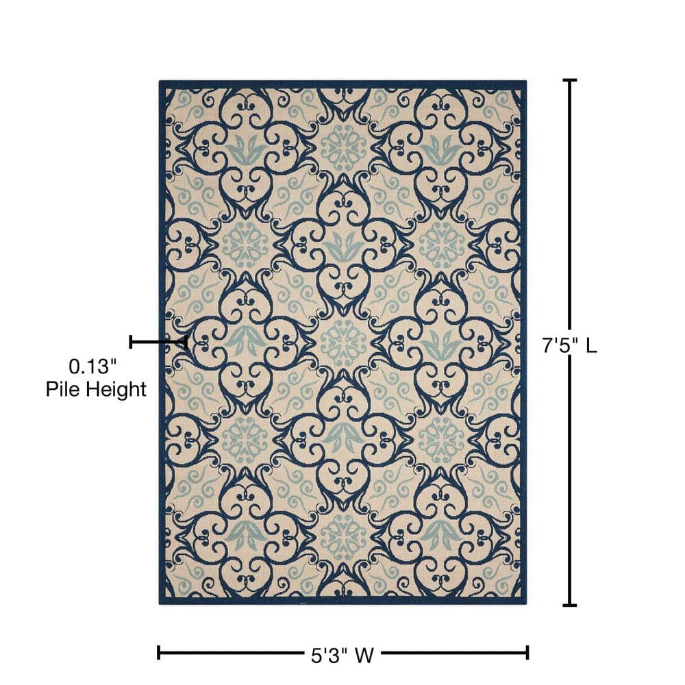 Ivory and Navy Floral Synthetic 5' x 7' Area Rug
