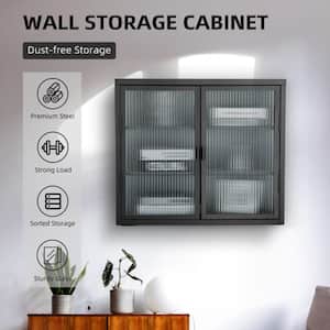 27.60 in L x 9.10 in H x 23.60 in W Double Glass Door Wall Cabinet With Detachable Shelves for Bathroom in Black