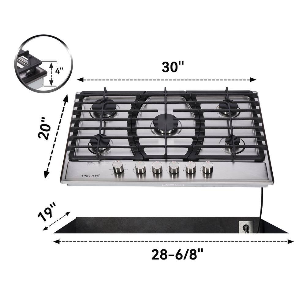 30 Inch Stainless Steel 5-Burner Gas Cooktop with Cast Iron Grates