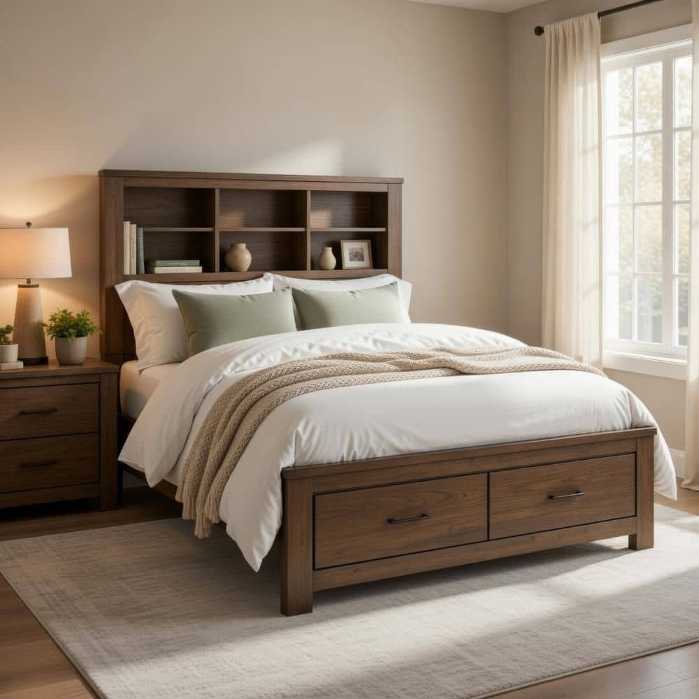 Suli Oak Brown and Dark Brown Wood Frame Queen Panel Bed with Storage price history on PriceWatchPro
