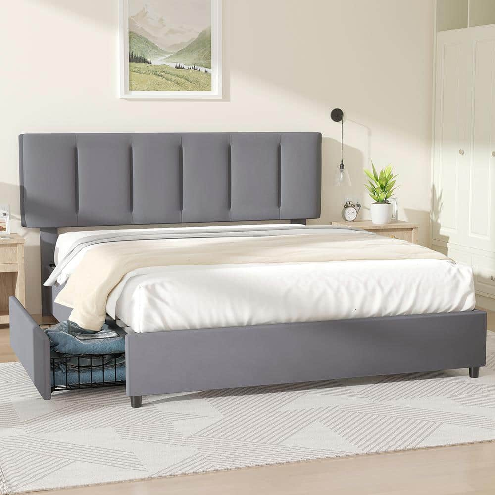 VECELO Upholstered Bed Frame, Gray Full Metal Frame With 4-Storage ...