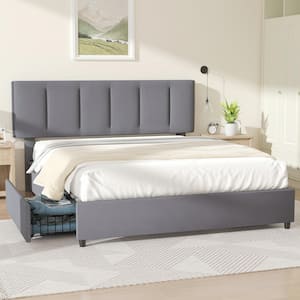 Upholstered Bed Frame, Gray Full Metal Frame With 4-Storage Drawers and Adjustable Headboard Platform Bed Frame