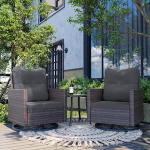 3-Piece Brown Wicker Outdoor Rocking Chair Swivel Chair with Gray Cushions and Side Table