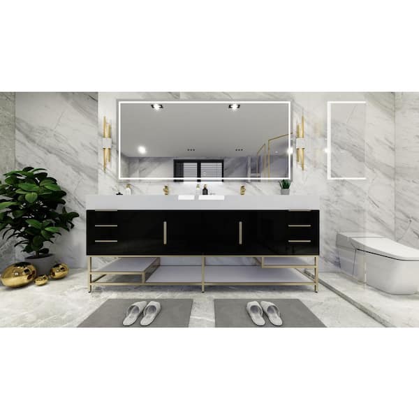 BV Better Vanity Bethany 84 in. W. x 20 in. D x 36 in. H Double Sink Freestanding Bath Vanity in Gloss Black with White Acrylic Top