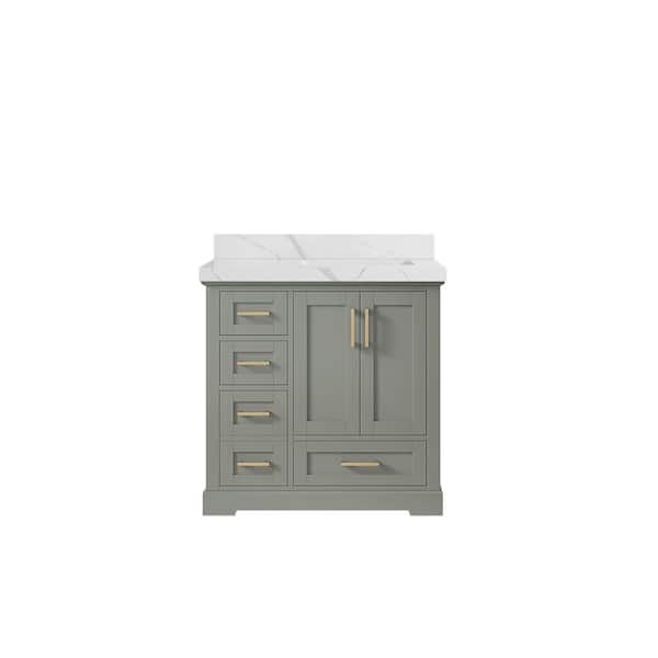 Willow Collections Boston 36 in. W x 22 in. D x 36 in . H Right Offset Sink Bath Vanity in Evergreen with 2" Calacatta Quartz Top