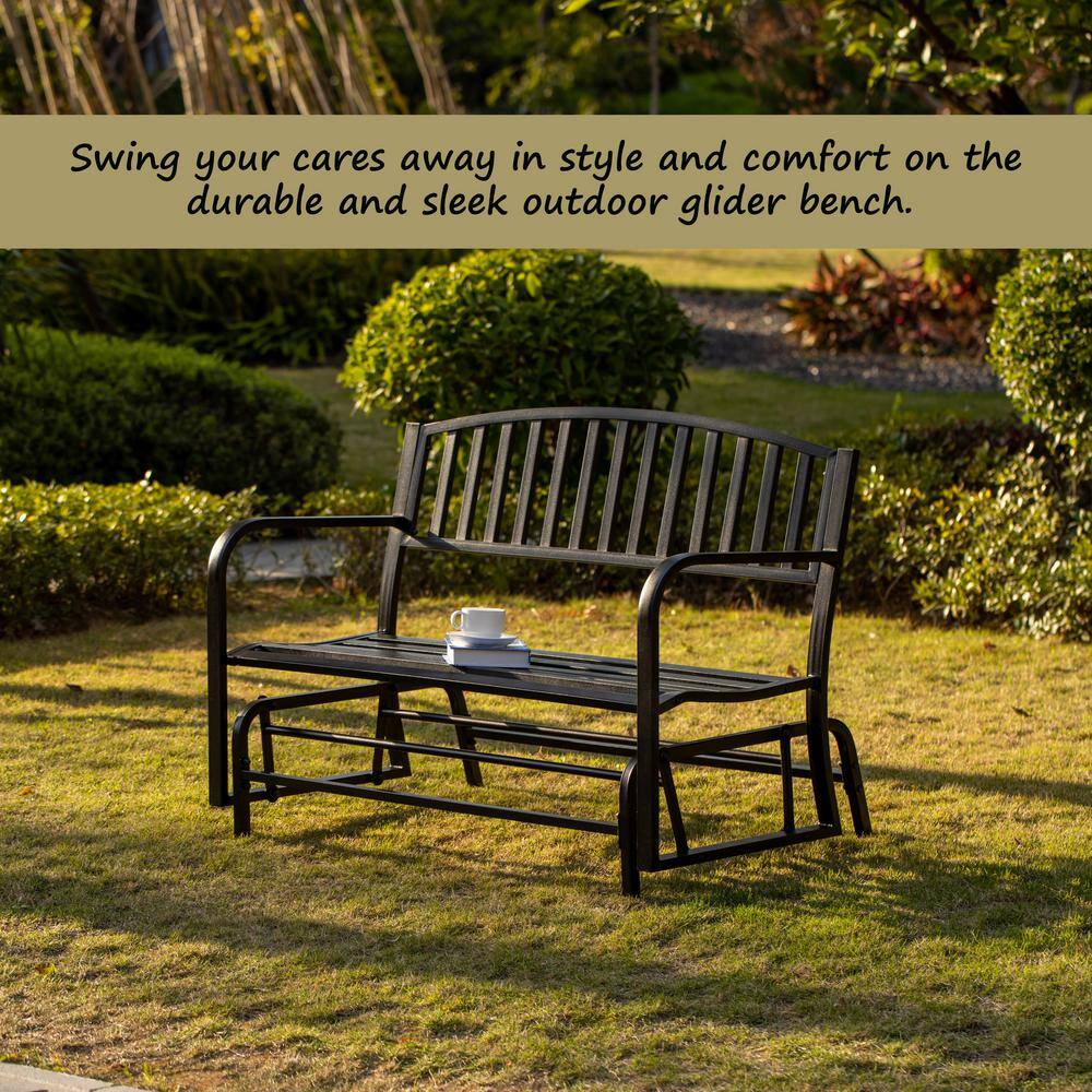 Black Powder-Coated Steel Outdoor Glider Bench with Curved Backrest
