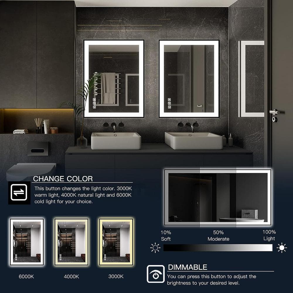 24x32 Inch Black Aluminum LED Vanity Mirror with Anti-Fog