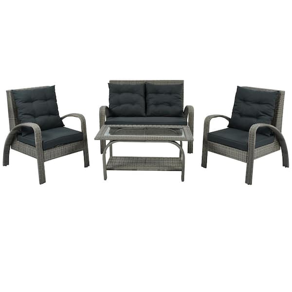 Wateday Outdoor Gray 4-Piece Wicker Patio Conversation Set with Gray Cushions