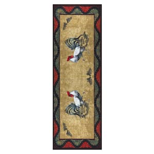 Rooster Collection Non-Slip Rubberback Rooster Design 2x5 Kitchen Runner Rug, 1 ft. 8 in. x 4 ft. 11 in., Beige Wavy