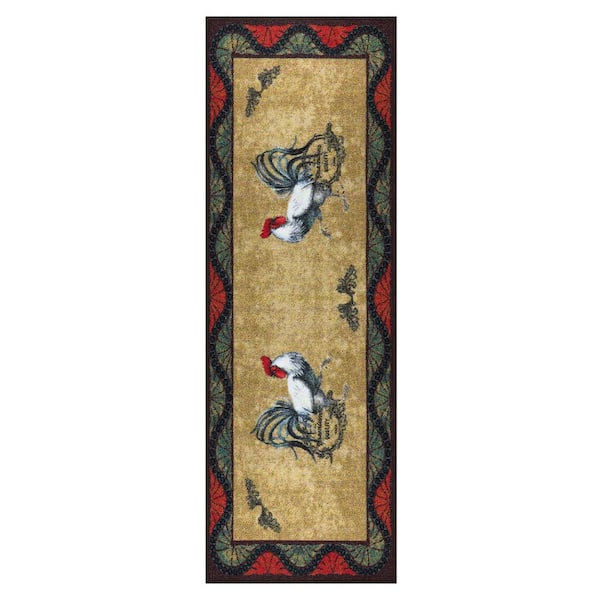 Ottomanson Rooster Collection Non-Slip Rubberback Rooster Design 2x5 Kitchen Runner Rug, 1 ft. 8 in. x 4 ft. 11 in., Beige Wavy