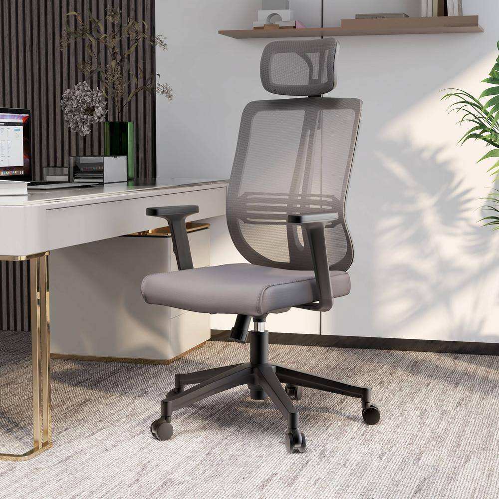 Modern Adjustable Fabric Office Chair Mesh Back and Headrest Task Chair with Swivel and Tilt Nift Series in Grey