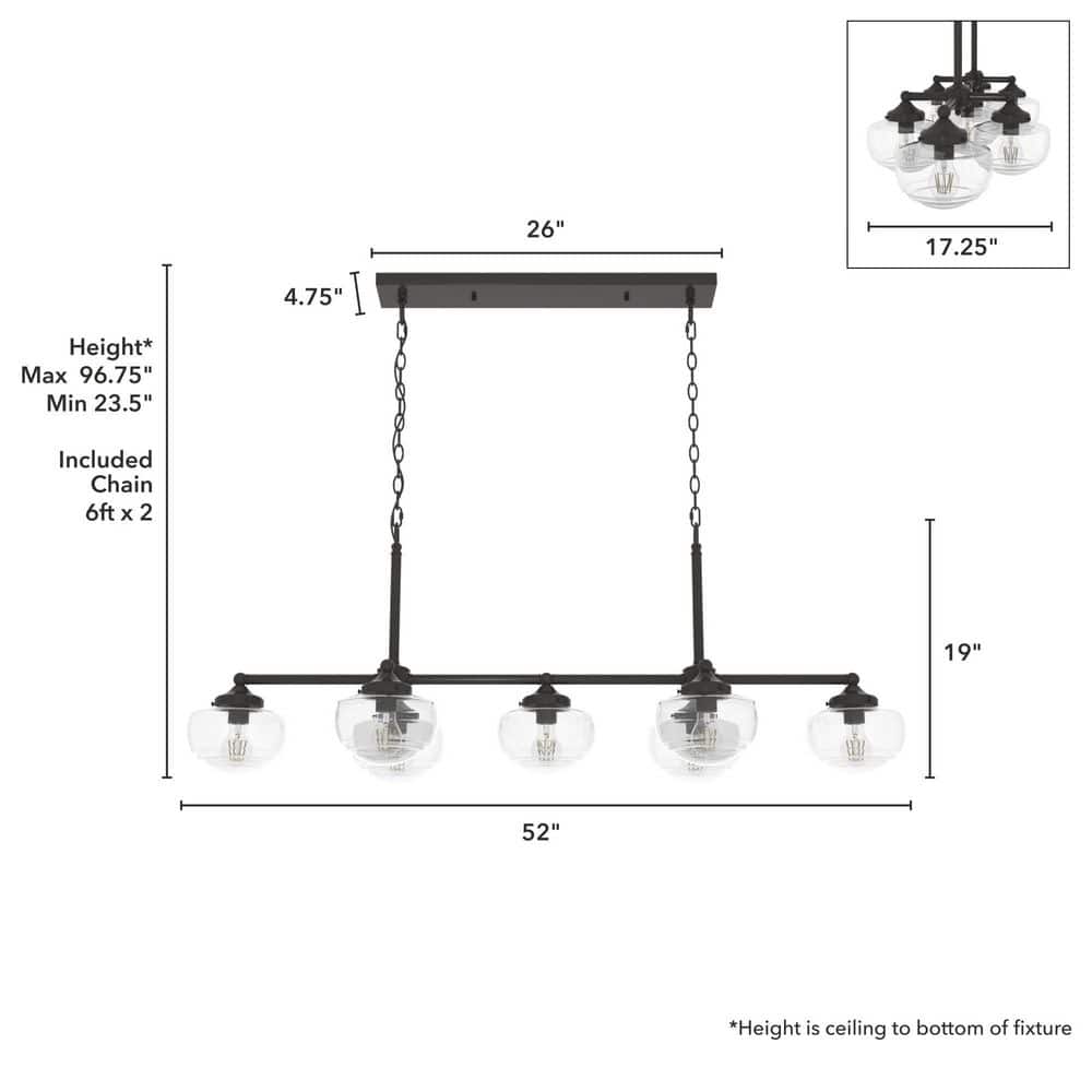 Noble Bronze 52" Linear Chandelier with Clear Seeded Glass Shades